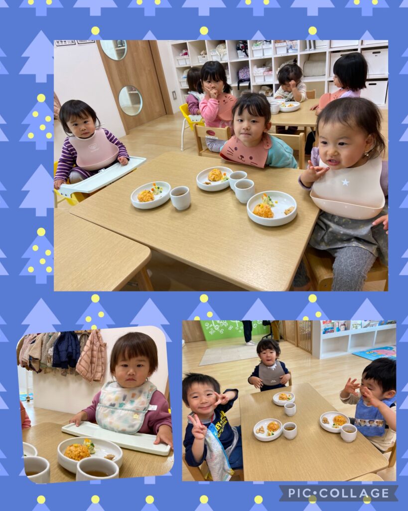 クリスマス給食を食べる園児たち